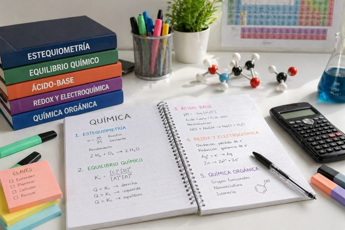 Apuntes de Química con bloques clave de Selectividad como estequiometría, equilibrio químico y ácido base