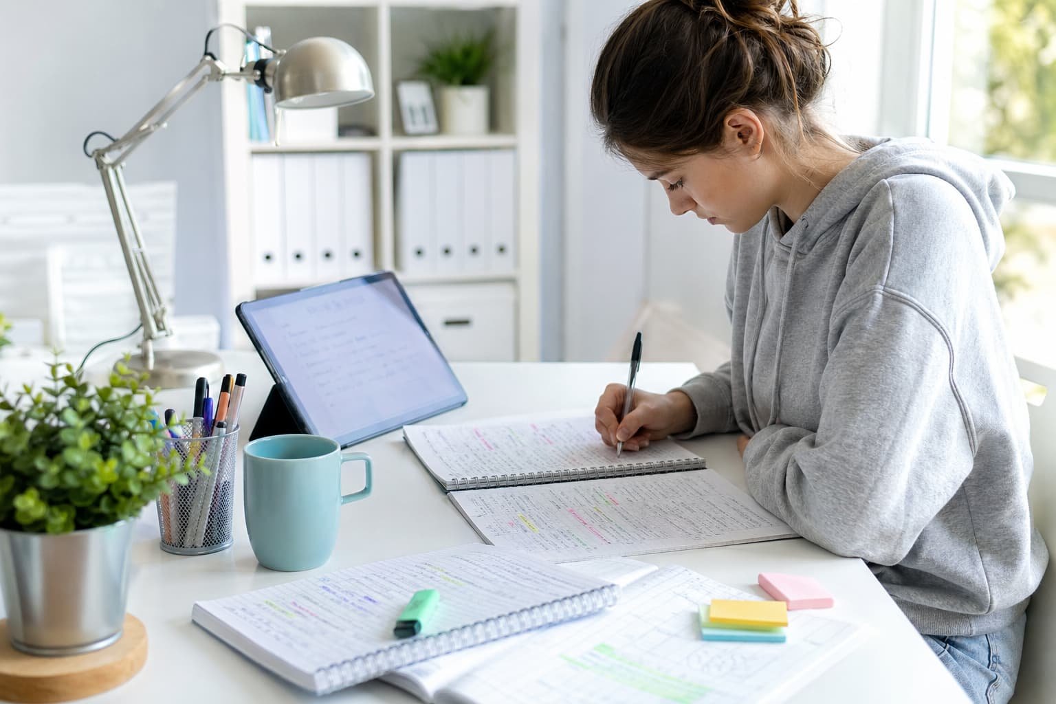 Estudiante preparando Química para PAU y EBAU en un escritorio moderno y luminoso