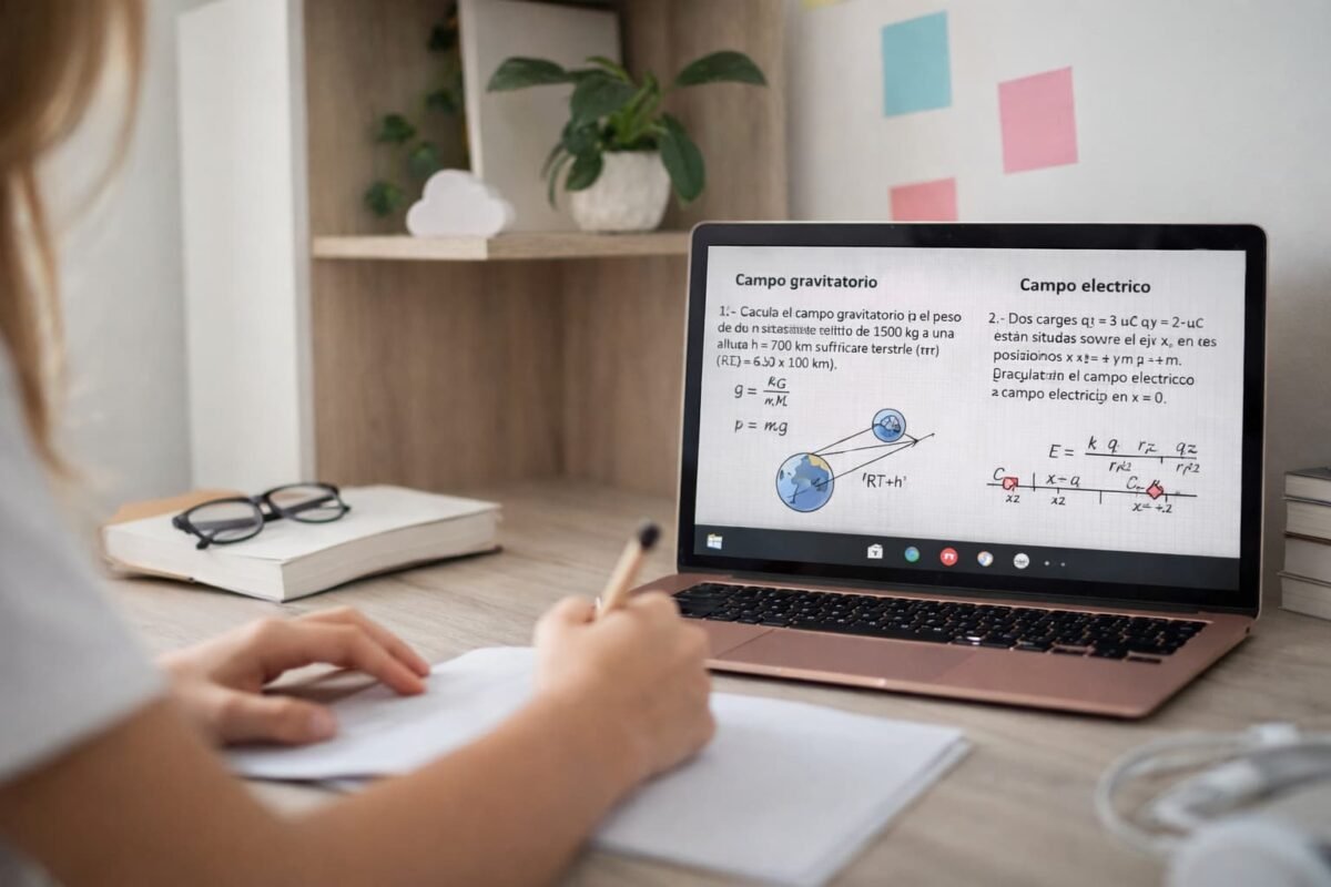 clases de física online resolviendo ejercicios de EBAU de campo gravitatorio y eléctrico