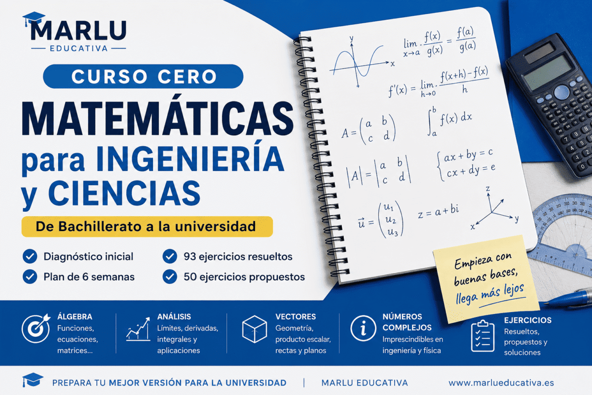Curso cero de Matemáticas para Ingeniería y Ciencias con álgebra, funciones, límites, derivadas, integrales, matrices y ejercicios resueltos