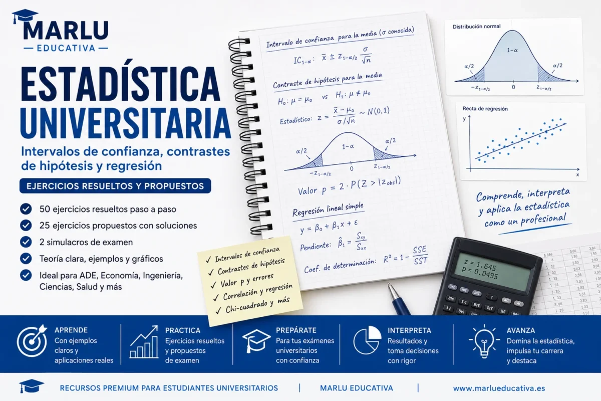 Estadística universitaria con intervalos de confianza, contrastes de hipótesis, distribución normal, regresión y ejercicios resueltos
