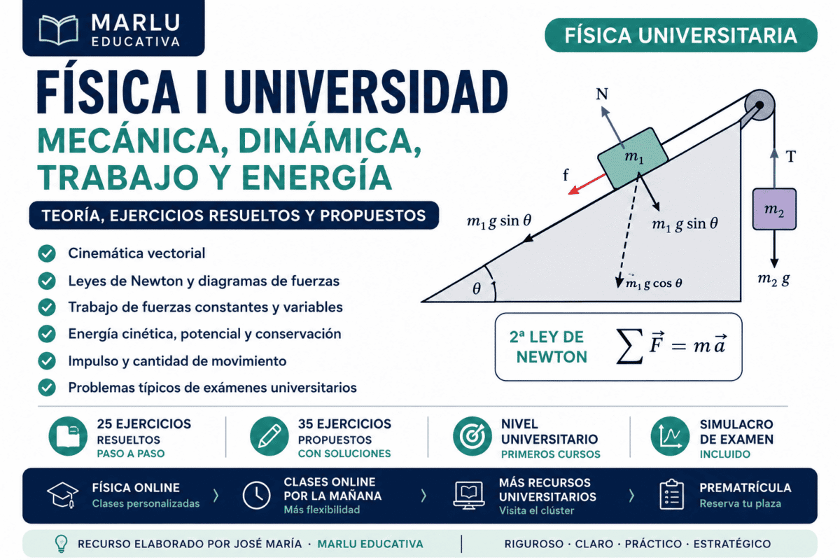 Recurso universitario de Física I con mecánica, dinámica, leyes de Newton, trabajo, energía y ejercicios resueltos paso a paso