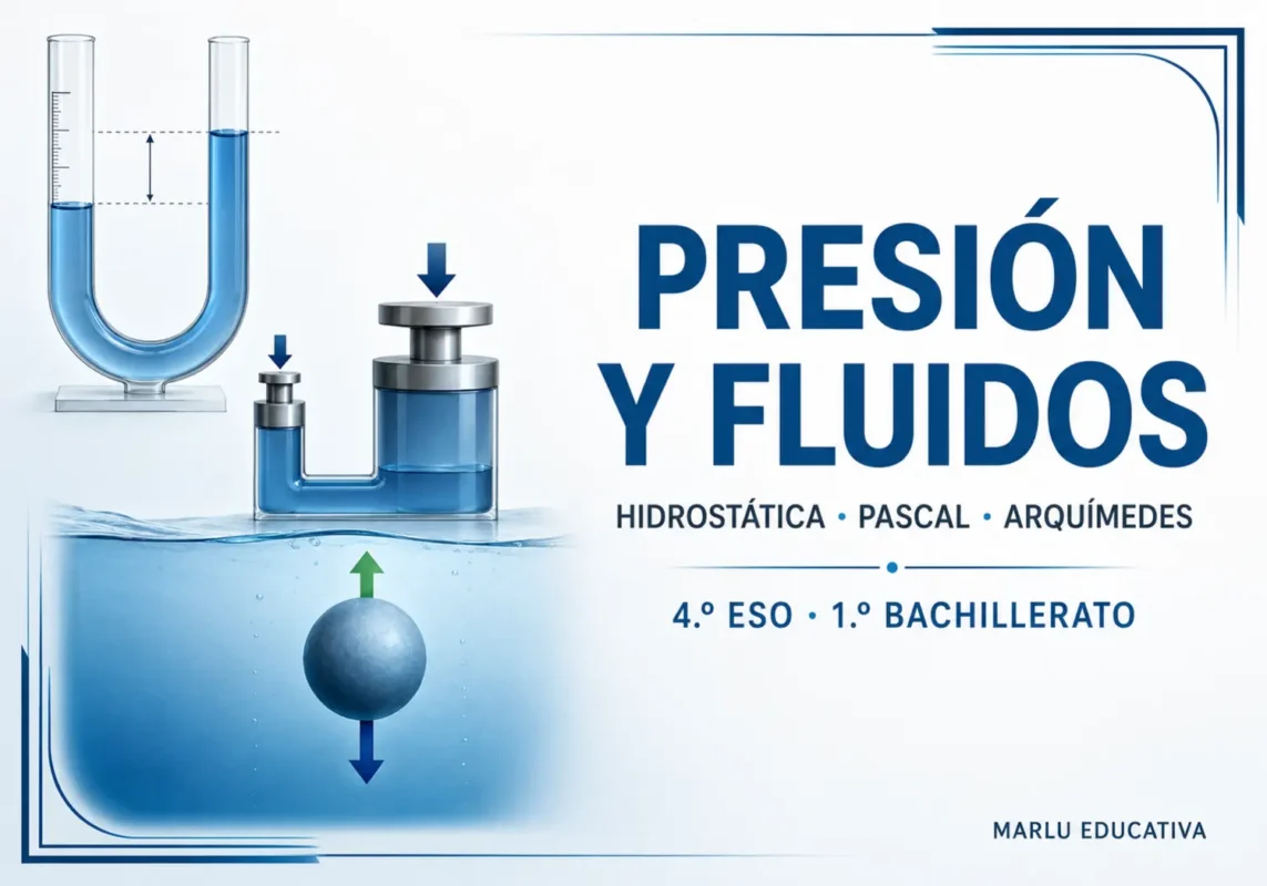 Esquema de presión y fluidos con prensa hidráulica, manómetro y cuerpo sumergido