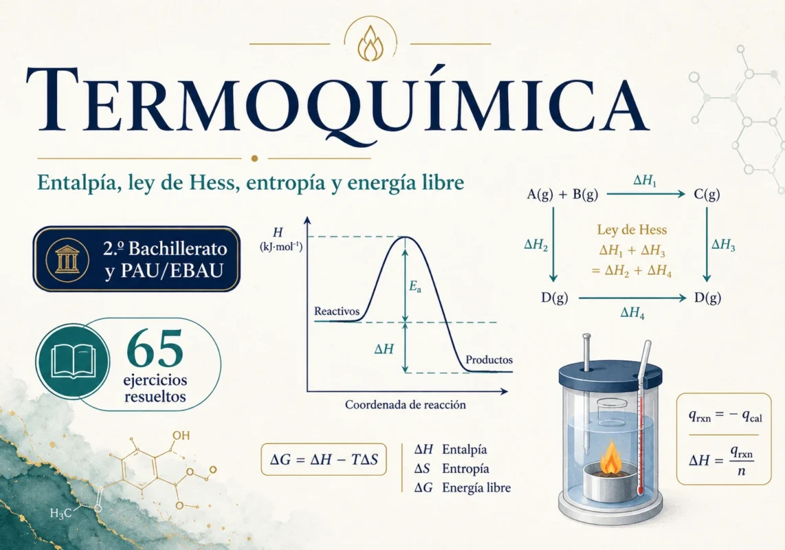 Diagrama de termoquímica con perfil energético, ley de Hess, calorímetro y fórmulas de entalpía y energía libre.
