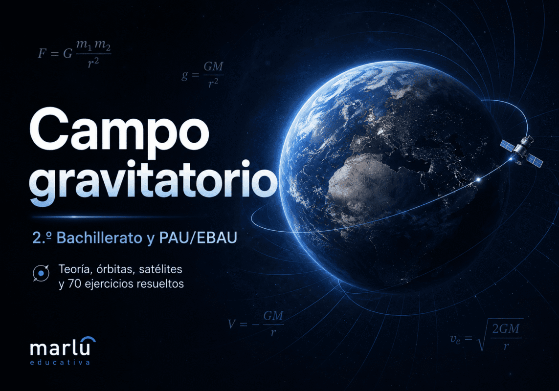 Campo gravitatorio de 2.º de Bachillerato con la Tierra, órbitas de satélites y fórmulas gravitatorias