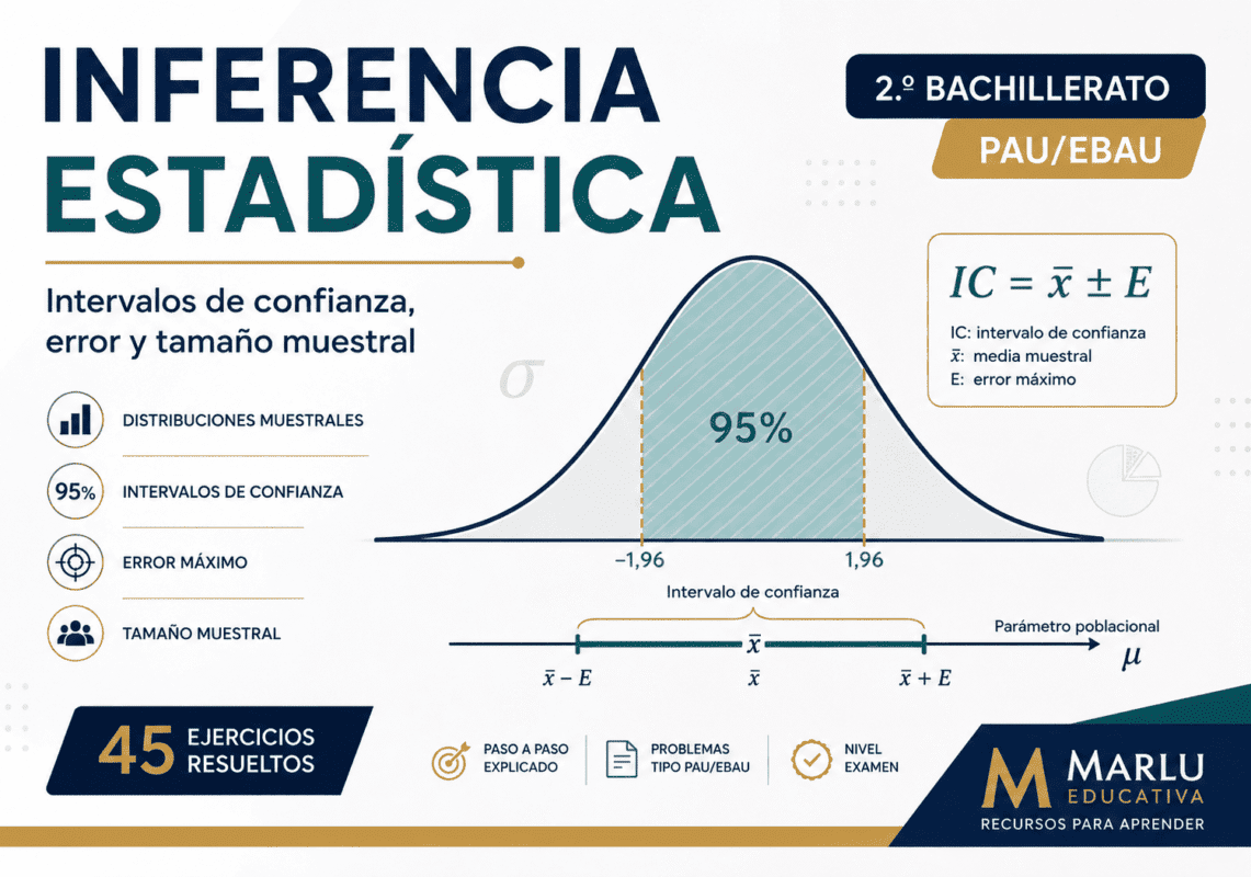 Curva normal con un intervalo de confianza del 95 %, error máximo y tamaño muestral para un recurso de inferencia estadística de 2.º de Bachillerato.