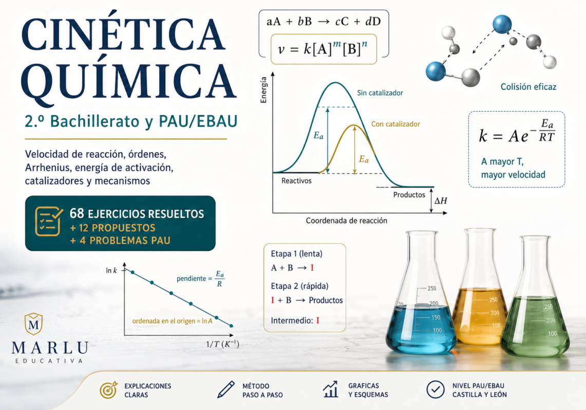 Esquema de cinética química con ley de velocidad, energía de activación, catalizadores, ecuación de Arrhenius y mecanismo