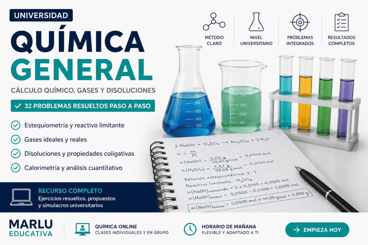 Química General universidad con estequiometría, gases, disoluciones, calorimetría y problemas resueltos