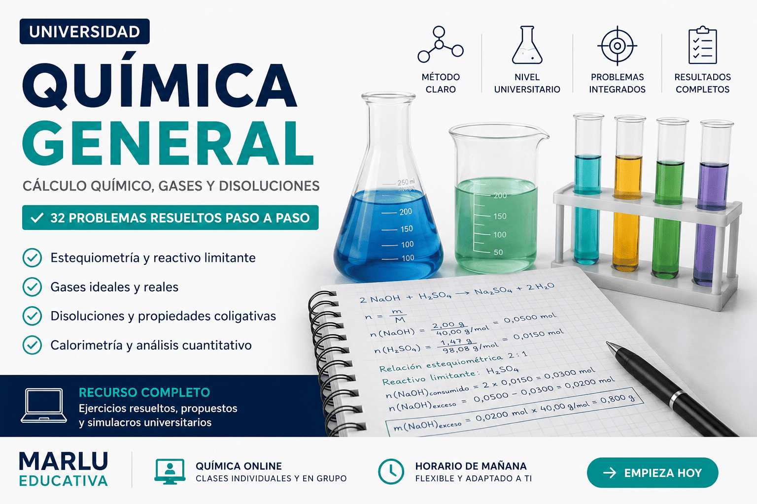 Química General universidad con estequiometría, gases, disoluciones, calorimetría y problemas resueltos
