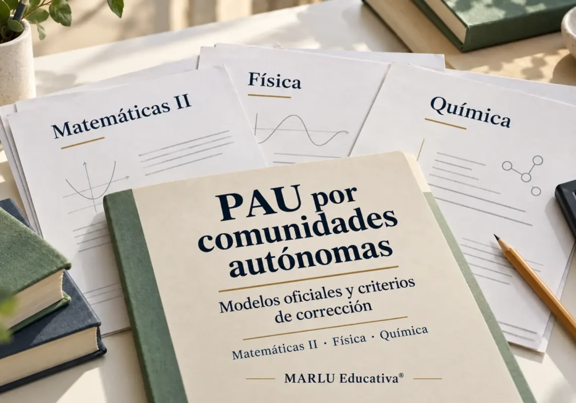 Portada de PAU por comunidades autónomas de MARLU Educativa, con documentos de Matemáticas II, Física y Química.